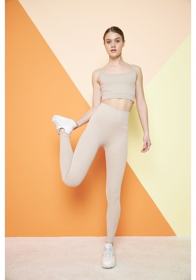 Thıff Gymwear Haki Yüksek Bel Fitilli Toparlayıcı Interlok Örme Spor Dar Paça Kadın Tayt Bej