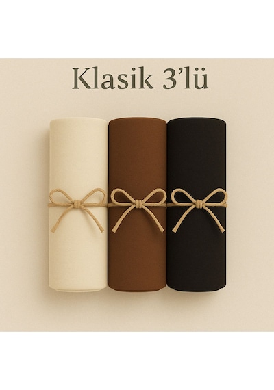 Mim Eşarp Penye Pamuksu Şal Klasik 3 Lü Set Krem - Kahve - Siyah