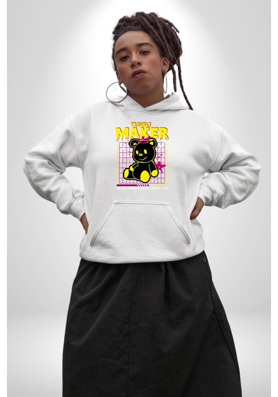 Baş Belası Teddy Kadın Erkek Beyaz Kapüşonlu Sweatshirt Hoodie Beyaz