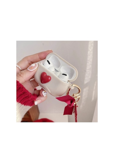Pro 2.nesil Kulaklık Kılıfı Kalp Desenli Koruma Kılıfı Krem-kırmızı
