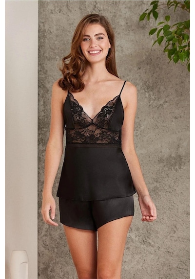 Pierre Cardin 7015 Kadın Dantelli Saten 4'lü Set-siyah