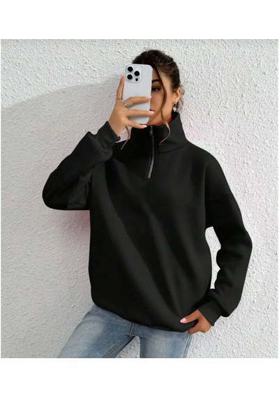 De'charme Unisex Uzun Kol Yarım Farmuarlı Yakalı Basic Sweatshirt - Siyah