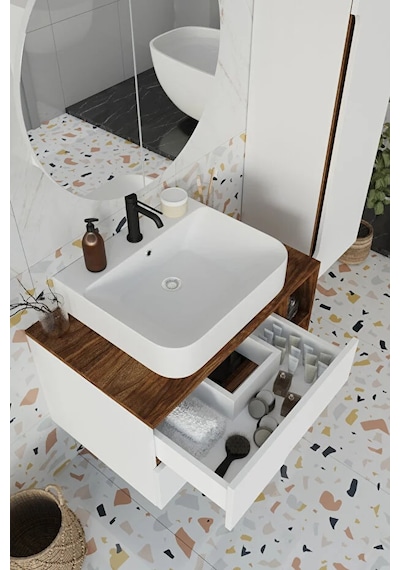 Koza Beyaz 80 Cm %100 Mdf Banyo Dolabı Ayna Lavabo Boy Dolabı Beyaz