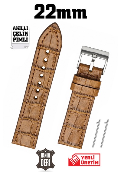 22mm Açık Kahverengi Taba Kroko Spor Hakiki Deri Saat Kordonu Kayış Akıllı Pimli