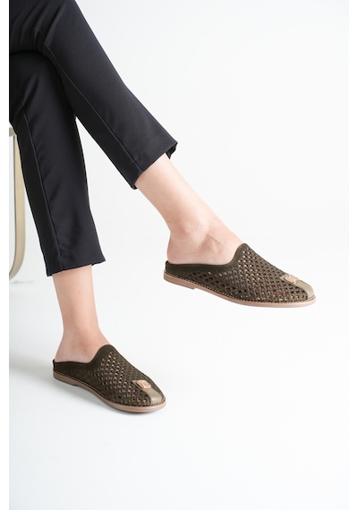 Analin Shoes Kadın Hakiki Deri Delikli Günlük Rahat Terlik Haki