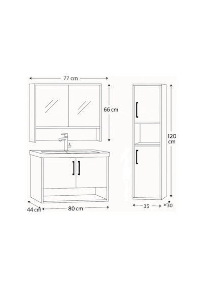 Dmz Home Concept Legna 80 Cm Beyaz-ahşap Renkli, Seramik Lavabolu, Alt - Üst Ve Boy Dolaplı Mdf Banyo Dolabı Seti