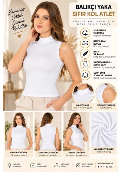 Kadın Balıkçı Yaka Sıfır Kol Atlet Beyaz, Esnek Kumaş, Vücuda Oturan Basic Kolsuz Body - Ryl - 2614
