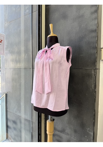 Pera Moda Sıfır Kol Fularlı Modal Yazlık Kadın Gömleği Pembe