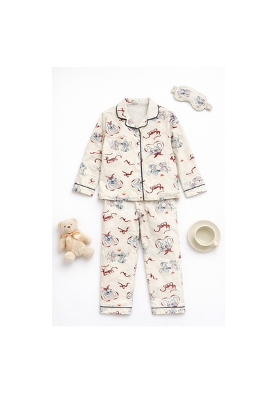 Beka Kids Ekru Desenli Uzun Kollu Önden Düğmeli Gömlek Yaka Kız Çocuk Pijama Takımı Ve Göz Bandı