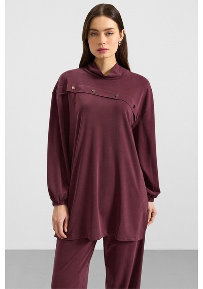 Olcay Metal Aksesuarlı Premium Kumaş Sweat Pantolon Takım Bordo 9404-tk