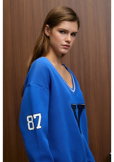 Grımelange Dıvıne Kadın V Yakalı Nakış Ve Patch Detaylı Mavi Sweatshirt Mavi