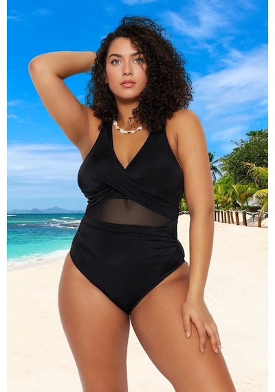 Ersefa Konforlu Plus Size Mayo Tasarım Büyük Beden Premium Kalite Plaj V Siyah
