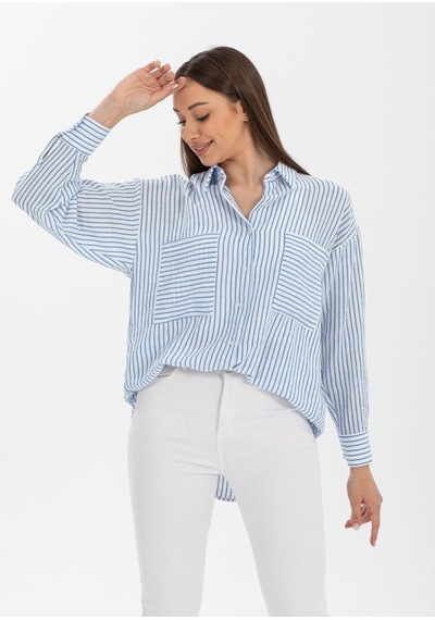 Pera Moda Çift Cepli Arkası Uzun Önü Kısa Luna Keten Çizgili Oversize Gömlek Mavi