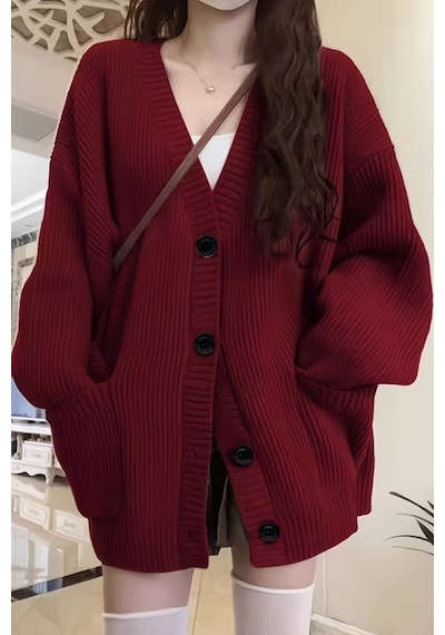 Kadın Oversize Cepli Düğmeli V Yaka Triko Hırka Bordo