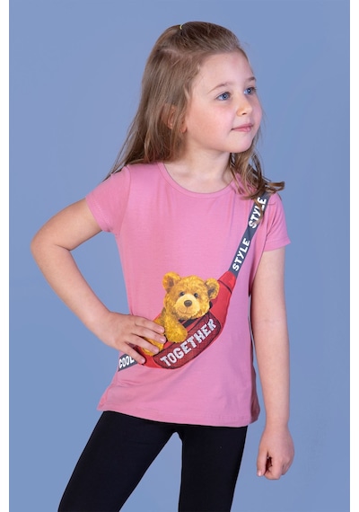 Toontoy Kids Toontoy Kız Çocuk Baskılı Bisiklet Yaka Kısa Kollu Tişört Gülkurusu