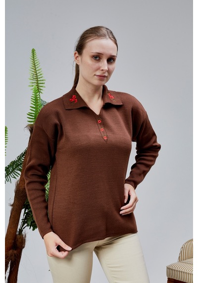 Lugmo Kadın Polo Yaka Oversize Çiçek Nakışlı Triko Kazak Kahverengi Kahverengi