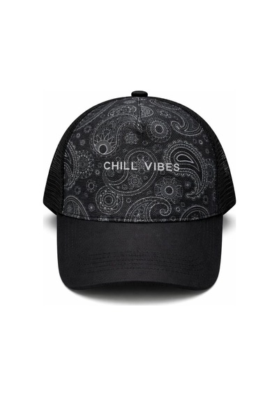 Caxis Chill Vibes Yazılı Siyah Trucker Şapka Paisley Desenli Fileli Ayarlanabilir Unisex Model Çok Renkli