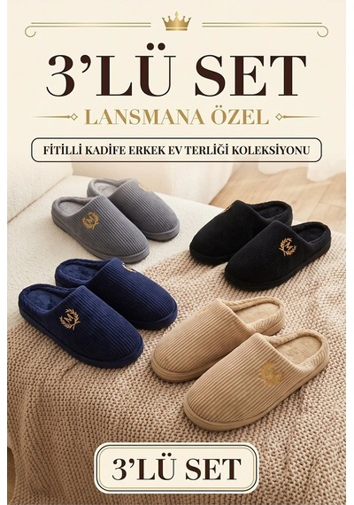 Stwenn 3 Lü Avantajlı Paket Kışlık Peluş Desenli Sessiz Ortopedik Taban Çeyiz Misafir Ev Terliği Set 3 Lü Kadife