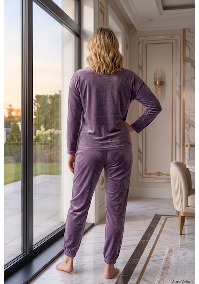 Seboteks Yumuşak Dokulu Kadife Kumaş Uzun Kollu Büyük Beden Kadın Pijama Takımı 2500 Lila