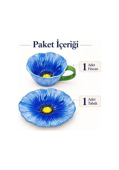 Tr Gelincik Serisi Çiçek Tasarımlı Fincan Ve Tabak Seti 350 Ml Dekoratif Kahve Çay Fincanı Mavi Diğer