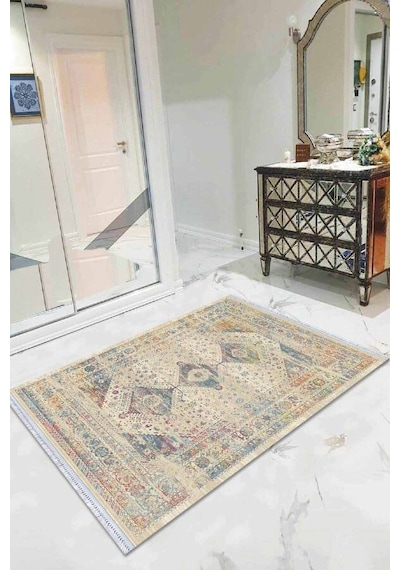 Krem Vintage Dokuma Pamuk Tabanlı Kaymaz Kilim Klm166n11