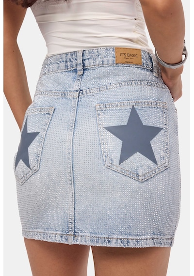 it's basic Kadın Ice T-4s6-3 Straight Mini Parlak Taşlı Tasarım Denim Etek Ice Rengi