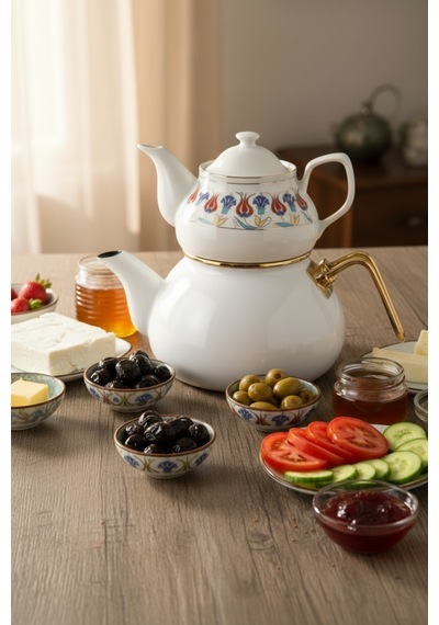 Kırmızı Dik Lale Desenli Porselen Üst 650 Ml Beyaz Emaye Alt 1,25 Lt Çaydanlık Seti