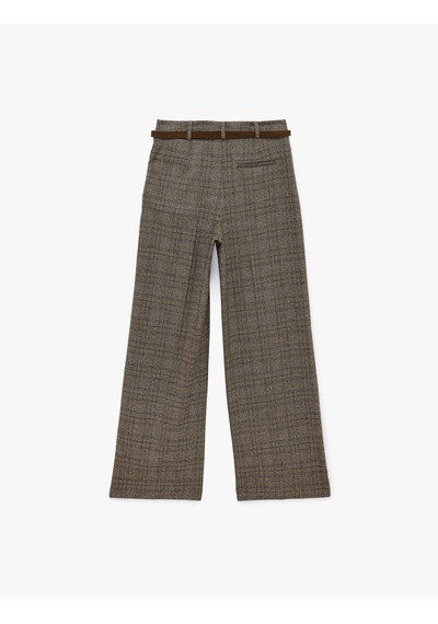 Koton Viskon Karışımlı Cepli Düz Bol Paça Kemerli Ekose Pantolon Kahverengi Ekose 7wak40057pw