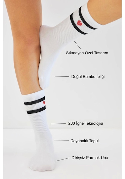 Bamboo Star Bambu Kadın Kalp Desenli Tenis Çizgili Premium Kolej Çorabı Beyaz Dikişsiz Soket Çorap 3'lü Paket