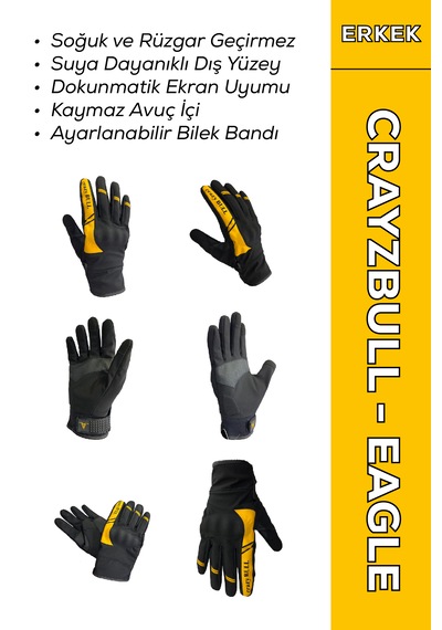 Crazybull Eagle Sarı Su Ve Rüzgar Geçirmez Kışlık Erkek Motosiklet Eldiveni + Buff