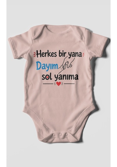 Morivokids Herkes Bir Yana, Dayım Sol Yanıma Kısa Kollu Bebek Body %100 Pamuk Pastel Pembe