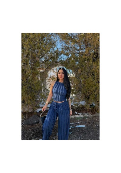 Evoa Kadın Lacivert Halter Yaka Crop & Bol Paça Pantolon Fırfır Detaylı Gagari Takım Lacivert Lacivert