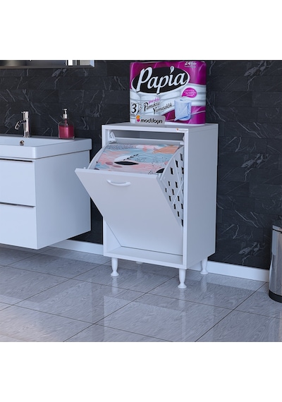 Söke 50 X 75 X 32,5 Cm Kirli Çamaşır Sepetli Dolap Çok Amaçlı Dolap Banyo Dolabı Beyaz