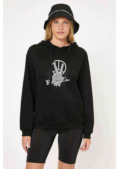 Peace Hand Baskılı Siyah Kadın Kapşonlu Sweatshirt