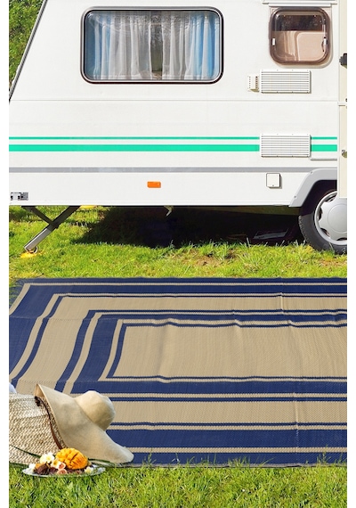 Savana Xl Plaj Kamp Karavan Piknik Bahçe Halısı Balkon Teras Hasır Mat Savan Halı 240x330 Bej - Lacivert
