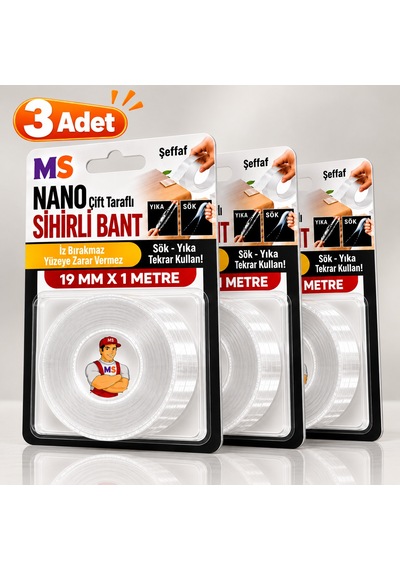 3 Adet Çift Taraflı Yapışkanlı Nano Sihirli Bantı 19mm X 1 Metre Şeffaf Silikon Sök Yıka Kullan Bandı