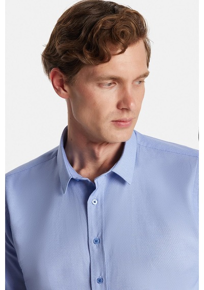 Tudors Modern Slim Fit Uzun Kollu Pamuklu Kolay Ütü Armürlü Mavi Erkek Gömlek-32640 Mavi