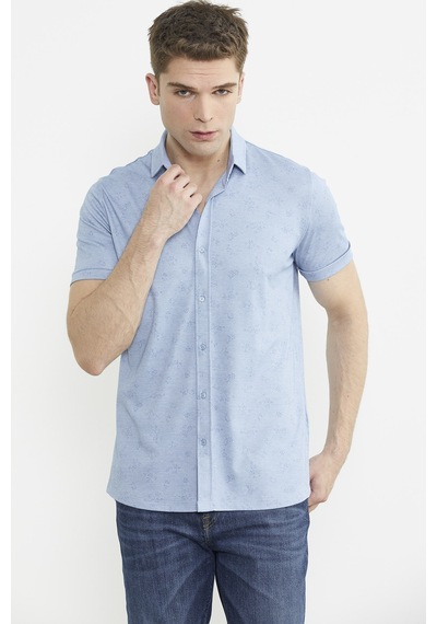 Slim Fit Baskılı Penye Gömlek - Mavi Mavi