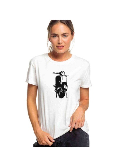 Motosiklet Scotter Motorsiklet Baskılı Beyaz Kadın Tshirt