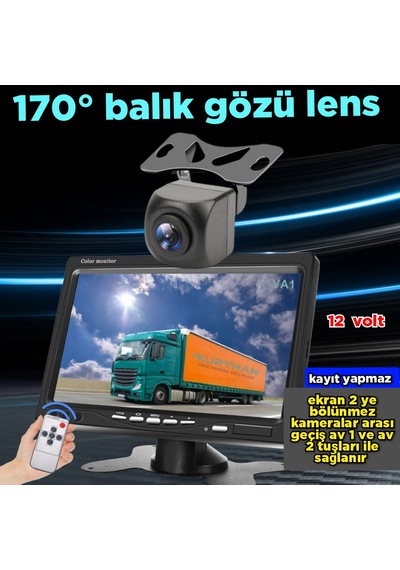 1 Adet 170 Derece Balık Gözü Kamera Ve 7'' Ekran Kayıt Yapmaz 12v