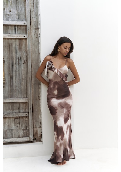 Mai Collection Mai Studios Co. Purtyas Fırfır Detaylı Kahve Uzun Elbise Kahve