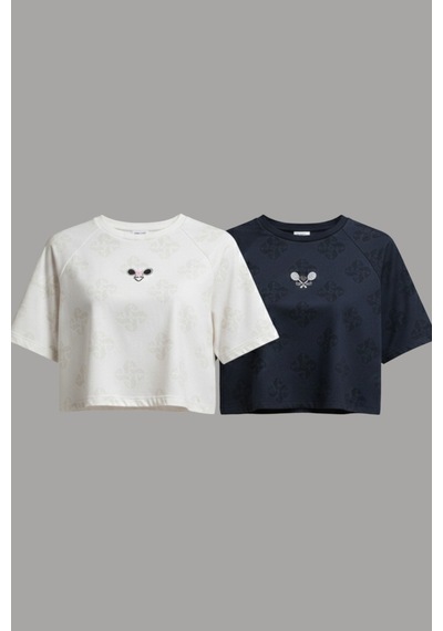 Soft&Basic Kadın 2'li Nakışlı %100 Organik Pamuk Bisiklet Yaka Kısa Crop T-shirt Beyaz-lacivert