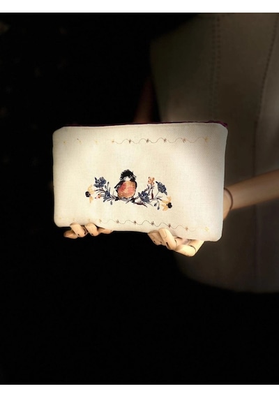 Bellıs Nakışlı Keten Portföy Clutch Çanta V3 Krem