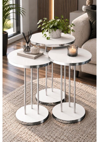 Sulorahome Gümüş Metal Ayaklı Beyaz 3'lü Zigon Sehpa Takımı
