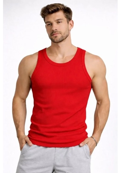 Vexor Erkek Fitilli Atlet Sıfır Yaka Slim Fit Arka Baskılı Spor Atlet - Kırmızı