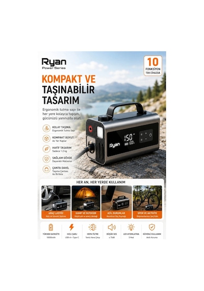 Bagajon Ryan Ry-p10 2000a Süpürgeli Akü Takviye + 150 Psı Lastik Şişirme 10'u 1 Arada Üfleme, Powerbank, Led Fener