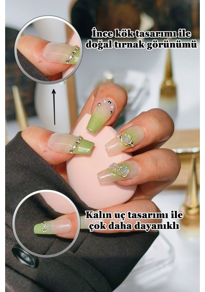 Ombre Yeşil Protez Tırnak Small Beden 10 Adet El Yapımı Takma Tırnak Seti 3611 Ombre Yeşil