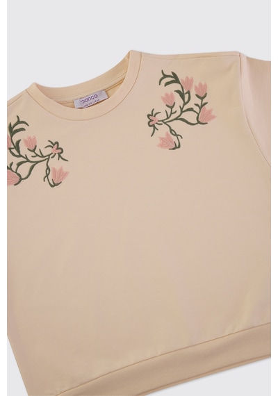 Panço Kız Çocuk Nakış Detaylı Bej Sweatshirt Krem