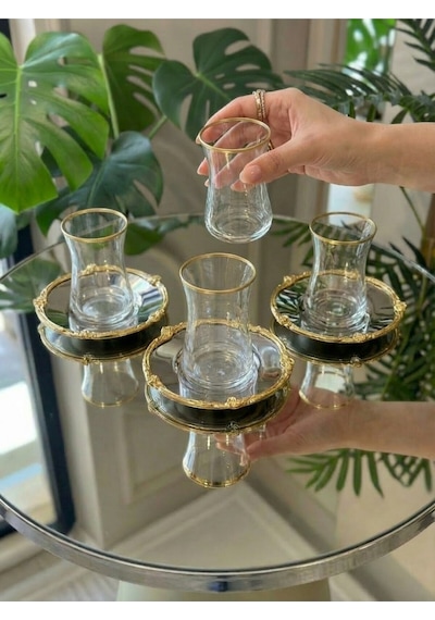 Elta Collection 12 Parça 6 Kişilik Gold Metal Çerçeveli Çay Seti 6 Bardak 6 Metal Tabak Lüks Sunum Gümüşmetal