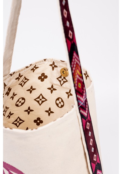 Fabric Craft Bag Omuz Çanta Kanvas Motifli Krem - Pembe